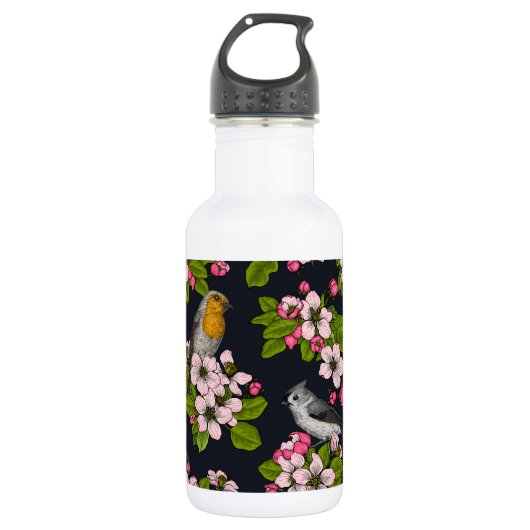 Vogels en bloesems, zwart waterfles  (Voorkant)