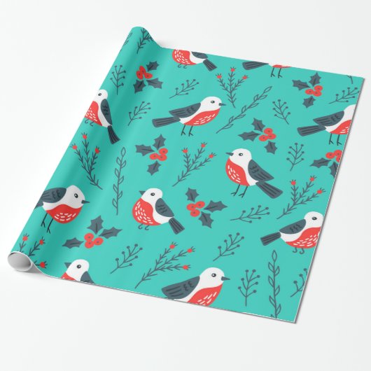 Vogels en Holly Berry kerstpatroon Cadeaupapier (Uitgerold)