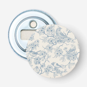 Vogels en kersenbloesem in blauw en crèmewit button flesopener