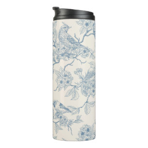 Vogels en kersenbloesem in blauw en gebroken wit thermosbeker