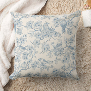 Vogels en kersenbloesem in blauw en wit kussen