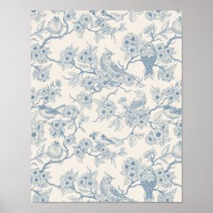 Vogels en kersenbloesem in blauw en wit poster