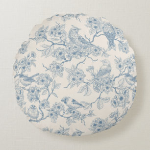 Vogels en kersenbloesem in blauw en wit rond kussen