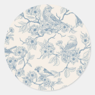 Vogels en kersenbloesem in blauw en wit ronde sticker