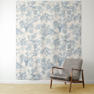 Vogels en kersenbloesem in blauw en wit wandkleed