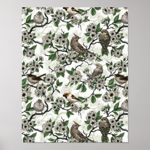 Vogels en kersenbloesem op wit poster