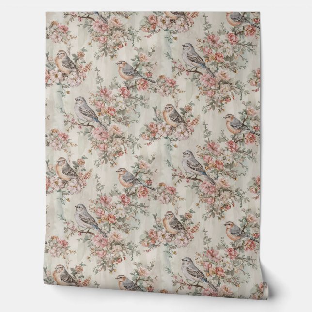 Vogels en kersenbloesems op Beige Behang (Afrollen)