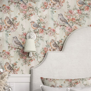 Vogels en Kersenbloesems op Beige Behang