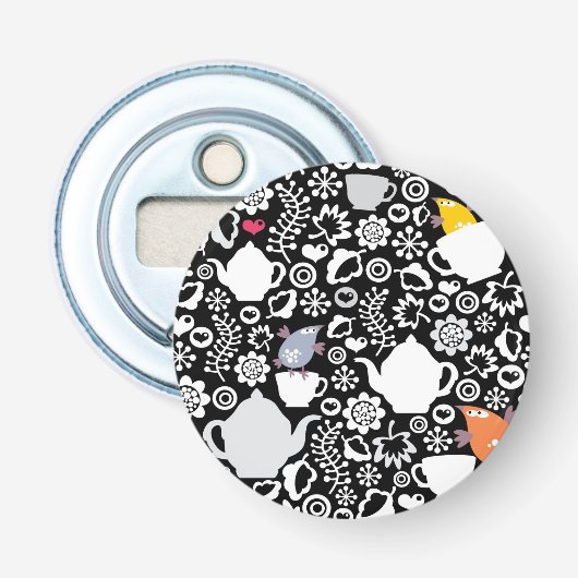 Vogels en kopjes button flesopener (Voorkant)