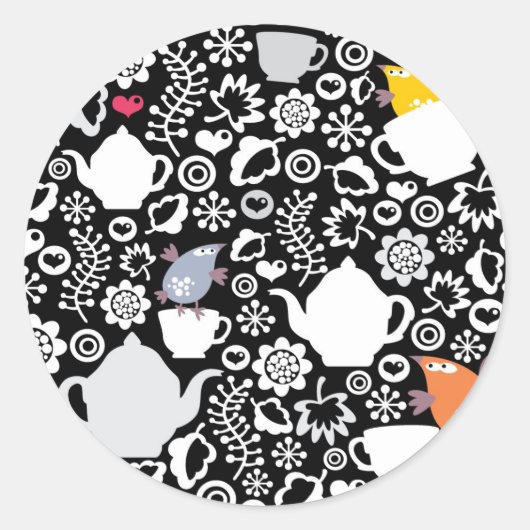 Vogels en kopjes ronde sticker (Voorkant)