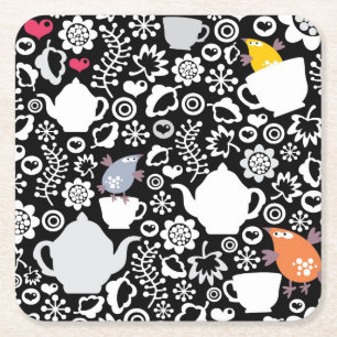 Vogels en kopjes vierkante kartonnen onderzetter