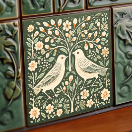Vogels en levensboom Groene Art Nouveau Tegeltje