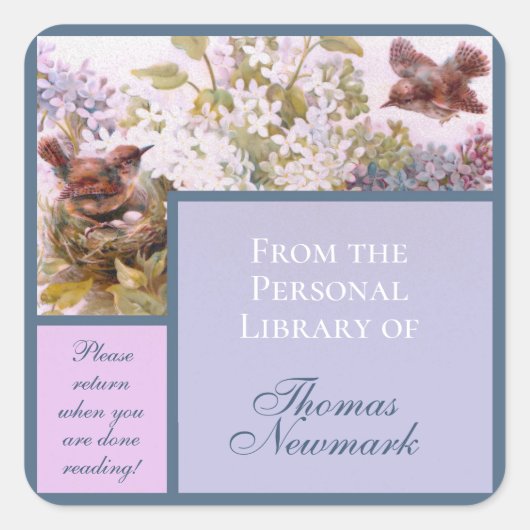 vogels en Lilacs Custom Bookplate Vierkante Sticker (Voorkant)