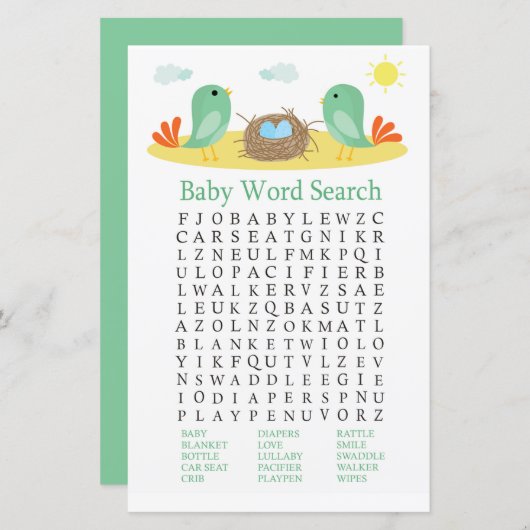 Vogels en nesten Baby shower Word Search Game (Voorkant / Achterkant)