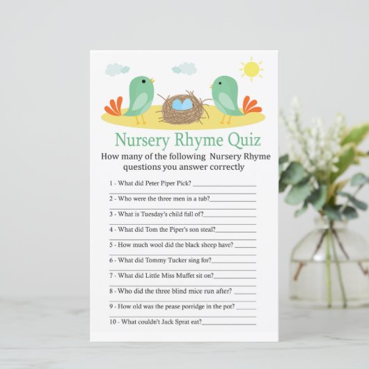 Vogels en nestnestsery Rhyme Quiz-baby shower (Staand voorkant)