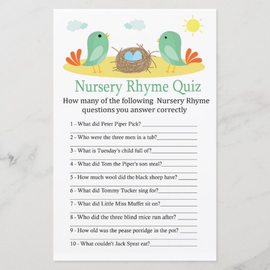 Vogels en nestnestsery Rhyme Quiz-baby shower (Voorkant)