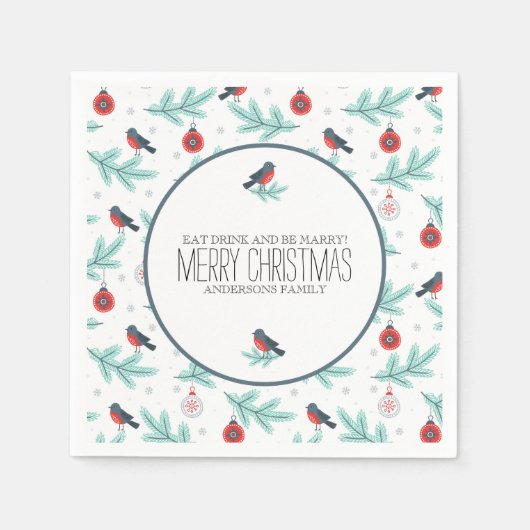 Vogels en Ornamenten kleurrijk kerstpatroon Servetten (Voorkant)