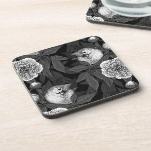 Vogels en pioenbloemen monochroom, grijs bier onderzetter