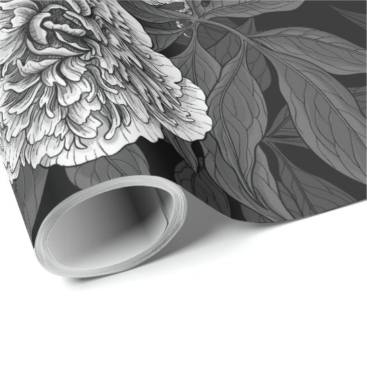 Vogels en pioenbloemen monochroom, grijs cadeaupapier (Rol Hoek)
