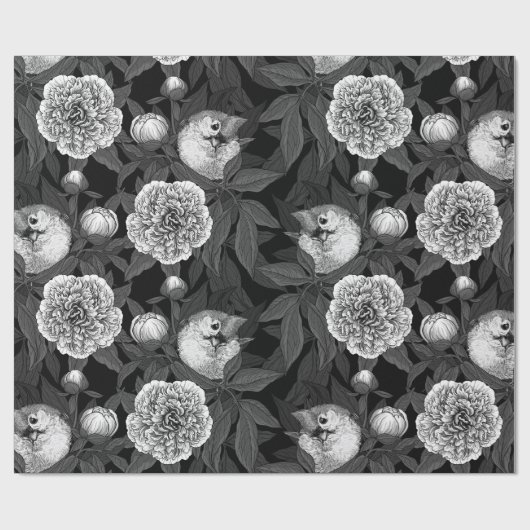 Vogels en pioenbloemen monochroom, grijs cadeaupapier (Vlak)