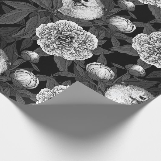 Vogels en pioenbloemen monochroom, grijs cadeaupapier (Hoek)