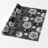 Vogels en pioenbloemen monochroom, grijs cadeaupapier (Uitgerold)