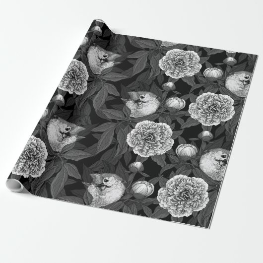 Vogels en pioenbloemen monochroom, grijs cadeaupapier (Uitgerold)