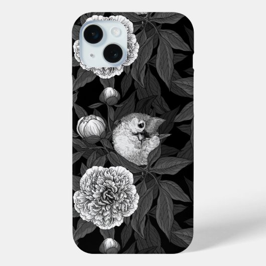 Vogels en pioenbloemen monochroom, grijs Case-Mate iPhone case (Achterkant)