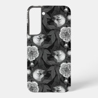 Vogels en pioenbloemen monochroom, grijs