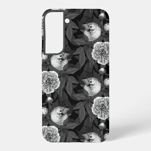 Vogels en pioenbloemen monochroom, grijs samsung galaxy hoesje (Achterkant)