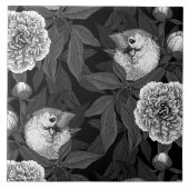 Vogels en pioenbloemen monochroom, grijs tegeltje (Voorkant)