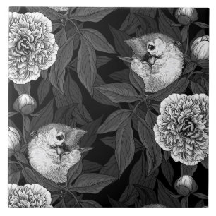 Vogels en pioenbloemen monochroom, grijs tegeltje