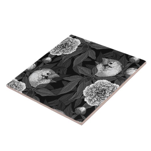 Vogels en pioenbloemen monochroom, grijs tegeltje (Zijkant)