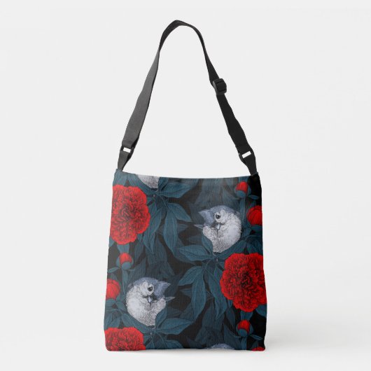 Vogels en rode pioenbloemen met blauwe bladeren crossbody tas (Achterkant)