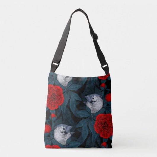Vogels en rode pioenbloemen met blauwe bladeren crossbody tas (Voorkant)