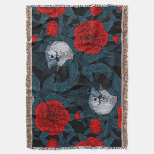 Vogels en rode pioenbloemen met blauwe bladeren deken (Voorkant Verticaal)