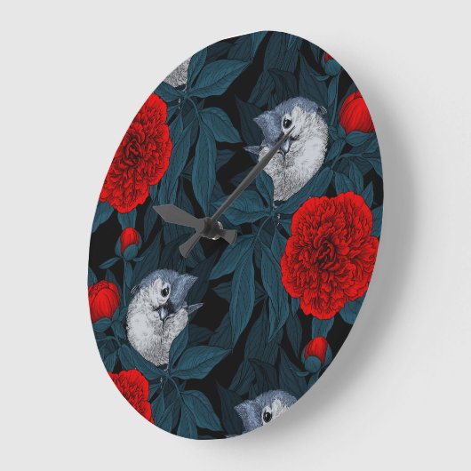 Vogels en rode pioenbloemen met blauwe bladeren grote klok (Hoek)