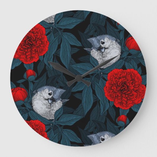 Vogels en rode pioenbloemen met blauwe bladeren grote klok (Voorkant)