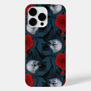 Vogels en rode pioenbloemen met blauwe bladeren iPhone 14 pro max hoesje