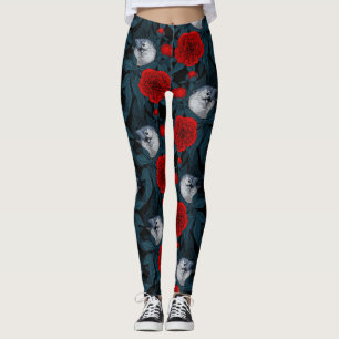 Vogels en rode pioenbloemen met blauwe bladeren leggings