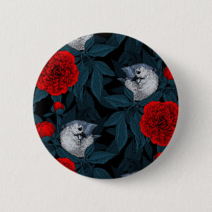 Vogels en rode pioenbloemen met blauwe bladeren ronde button 5,7 cm