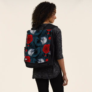 Vogels en rode pioenbloemen met blauwe bladeren rugtassen