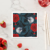 Vogels en rode pioenbloemen met blauwe bladeren servet (Insitu)