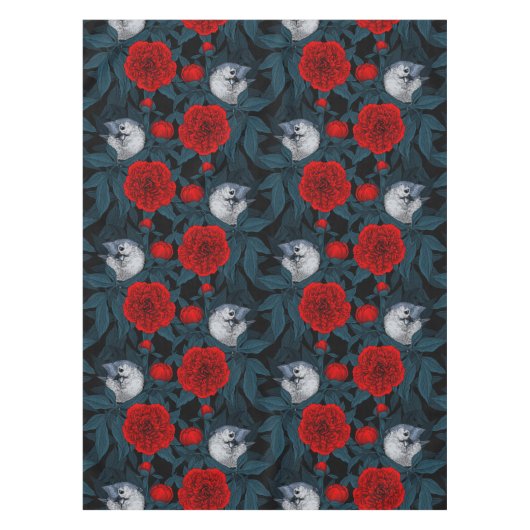 Vogels en rode pioenbloemen met blauwe bladeren tafelkleed (Voorkant)