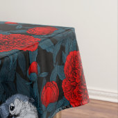 Vogels en rode pioenbloemen met blauwe bladeren tafelkleed (Voorbeeld)