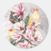 Vogels en Roze Magnolia Bloesems Ronde Sticker (Voorkant)