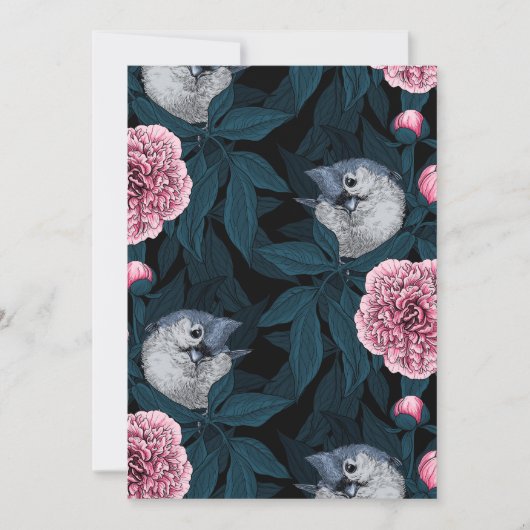 Vogels en roze pioenbloemen met bladeren (Voorkant)