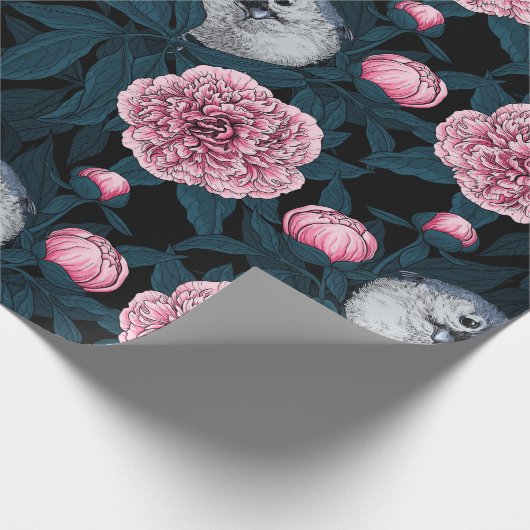 Vogels en roze pioenbloemen met bladeren cadeaupapier (Hoek)