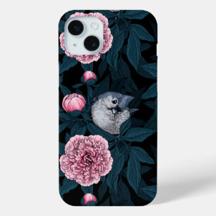 Vogels en roze pioenbloemen met bladeren iPhone 15 mini hoesje