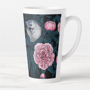 Vogels en roze pioenbloemen met bladeren latte mok